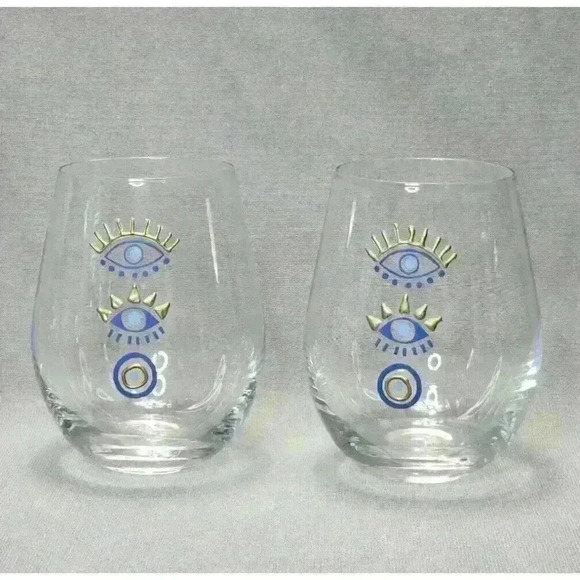 Evil Eye Stemless Wine Glass Blue Gold Enamel Barware Set of 2 Glasses Tumblers - Picture 1 of 5